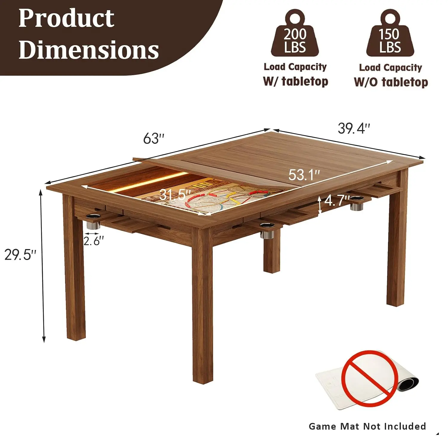 Walnut Board Game Table RGB LED Lights Removable Top, 4-6 Player Dining Table with Cup Holders, 63in Length, Customized