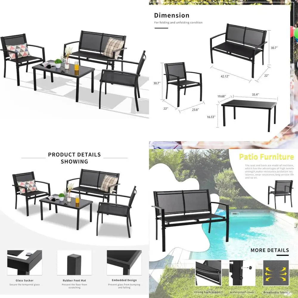 

4 Pieces Patio Furniture Set with Glass Coffee Table, Loveseat,2 Single Chairs,Patio Set with Breathable Backrest Material,Conv