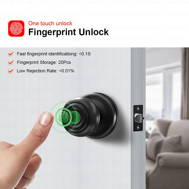 RAYKUBE Round Knob Fingerprint Smart Lock Tuya Bluetooth Biometric Easy Replacement With Mechanical Key For North America Home