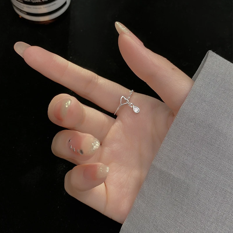 Hot Sale Fashion AAA Zircon Waterdrop Pendant Chain Rings 925 Sterling Silver Adjustable Heart Ring For Women&Girl Jewelry Gift