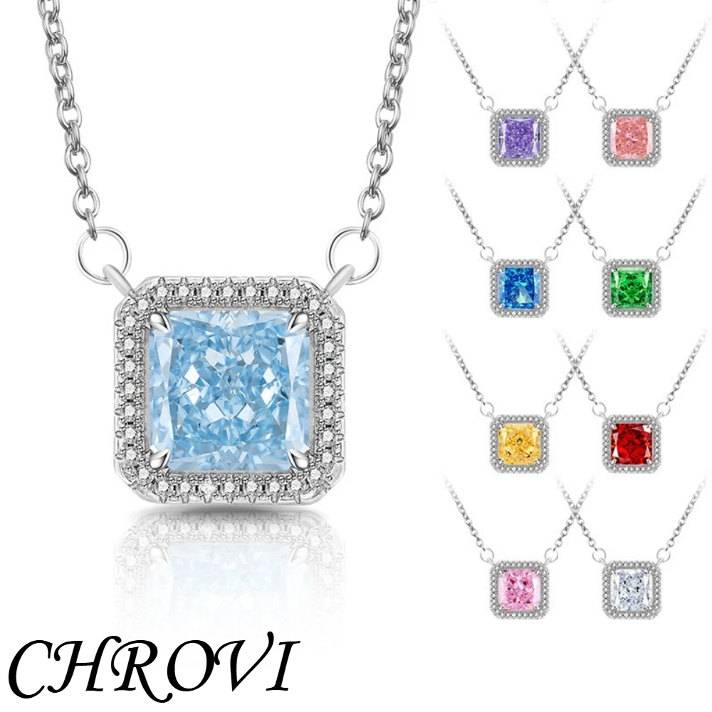 Exquisite 925 sterling silver gemstone ice flower princess square necklace for women, fashionable collar chain