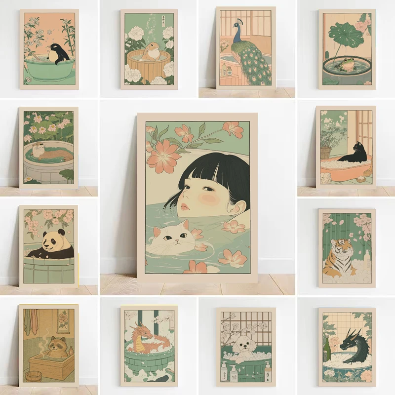 Japanese Retro Animal Wall Art Posters Fun and Cute Cats, Dogs, Rabbits, Bears, Tigers, and Penguins Canvas Print Home Decor