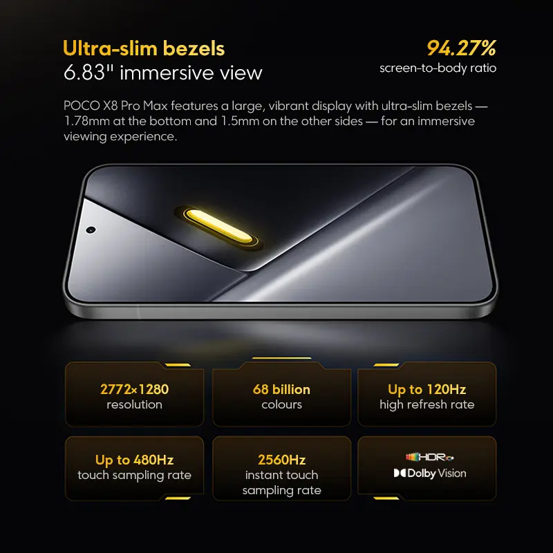 هواتف شاومي المحمولة نسخة عالمية POCO X8 Pro Max بطارية 8500 مللي أمبير دايمنستي 9500s شاشة 6.83 بوصة 1.5K 120 هرتز AMOLED فائقة السطوع - 3