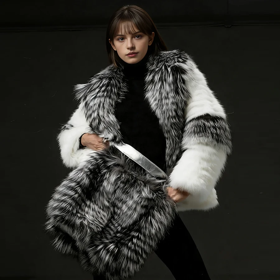 Chaqueta de piel de zorro natural con cuello vuelto, chaqueta de piel de zorro plateado auténtico, chaquetas de invierno para mujer, prendas de abrigo de piel auténtica de lujo