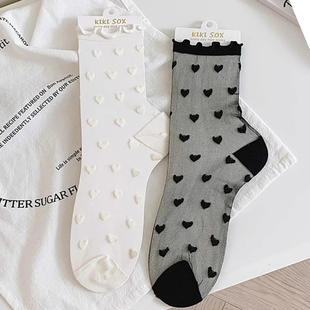 

Lolita Silk Lace Socks Cute Ruffled Love Heart Pattern Thin Socks Women Girls JK Sweet Mesh Crystal Transparent Black White Sock