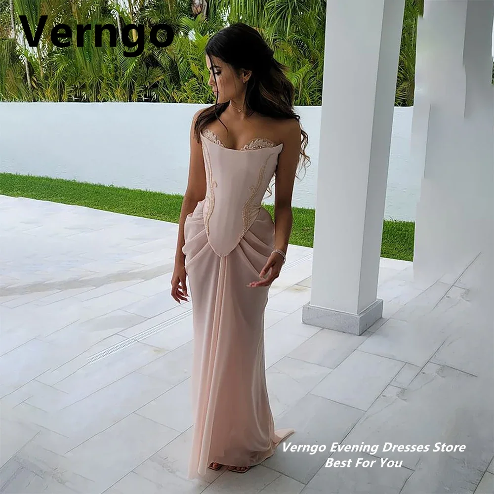 Verngo Blush Pink Chiffon Evening Gown Lace Applique Mermaid Party Dress Strapless Formal Dress Lace Up Prom Gown customized