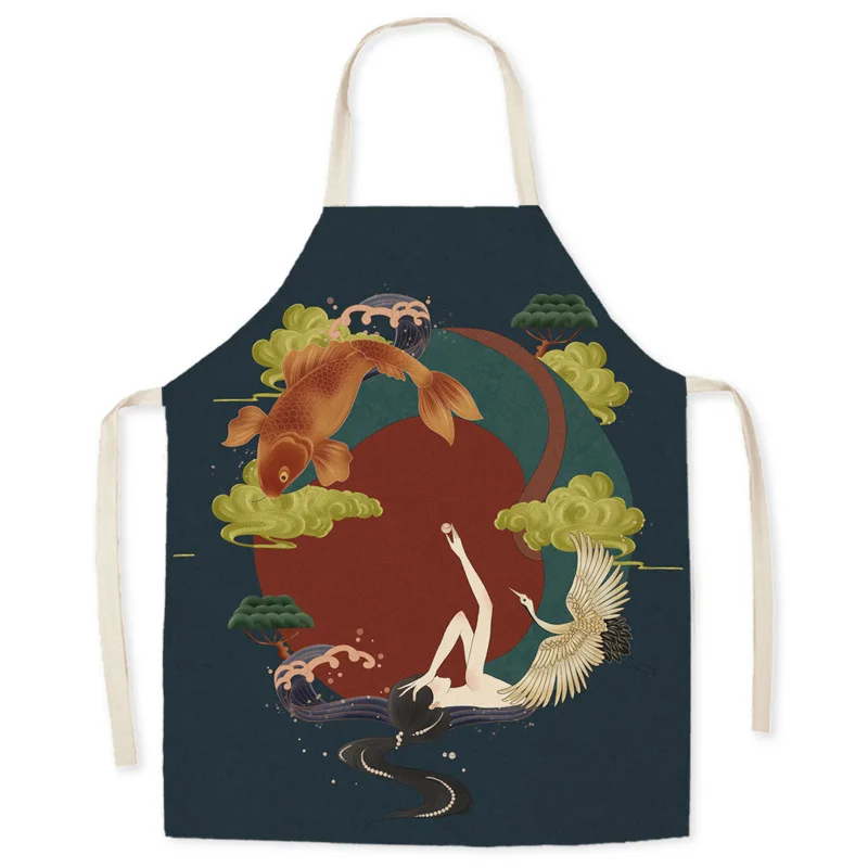 Kitchen apron Japanese Ukiyo-e linen Fujifilm Household grease and stainproof Cooking Sleeveless top cleaning tools