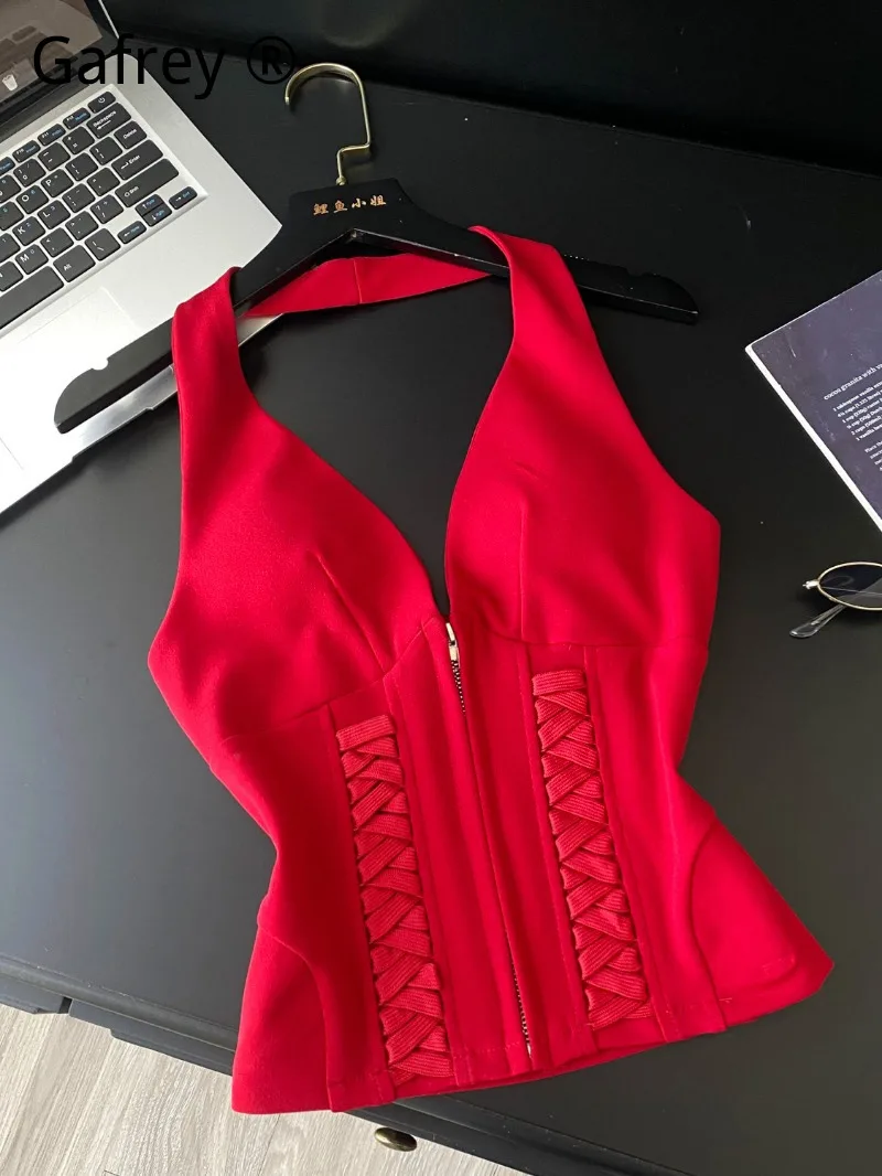 

Sexy Deep V Halter Crop Top for Women Solid Sleeveless Front Zipper Braided Corset-Style Slim Tank Top for Date Night