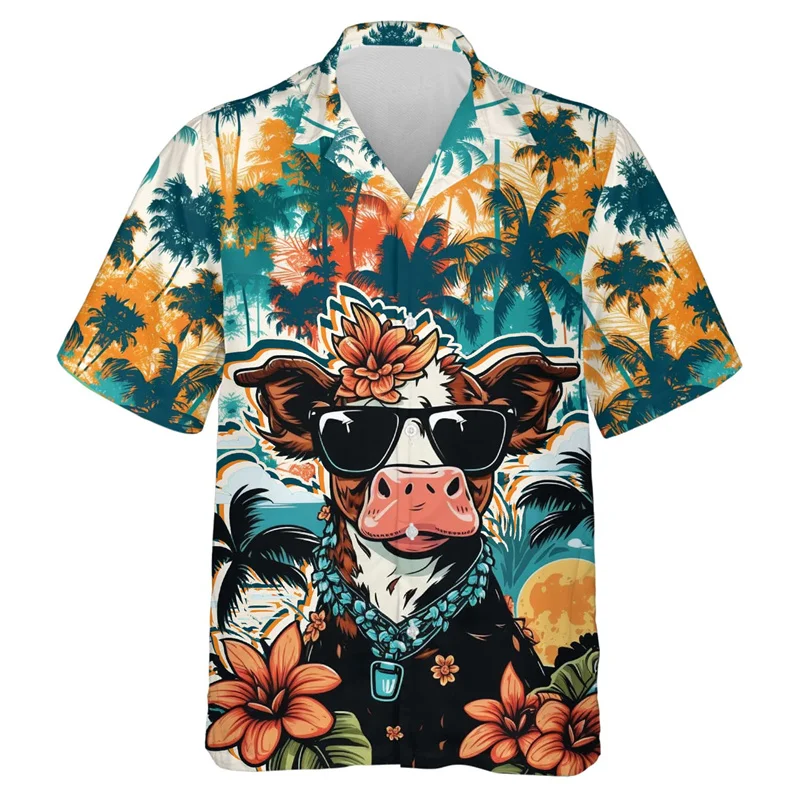 Divertente animale mucca 3D stampato camicie da spiaggia per uomo vestiti Casual hawaiano mucca da latte manica corta moda Aloha risvolto camicetta top