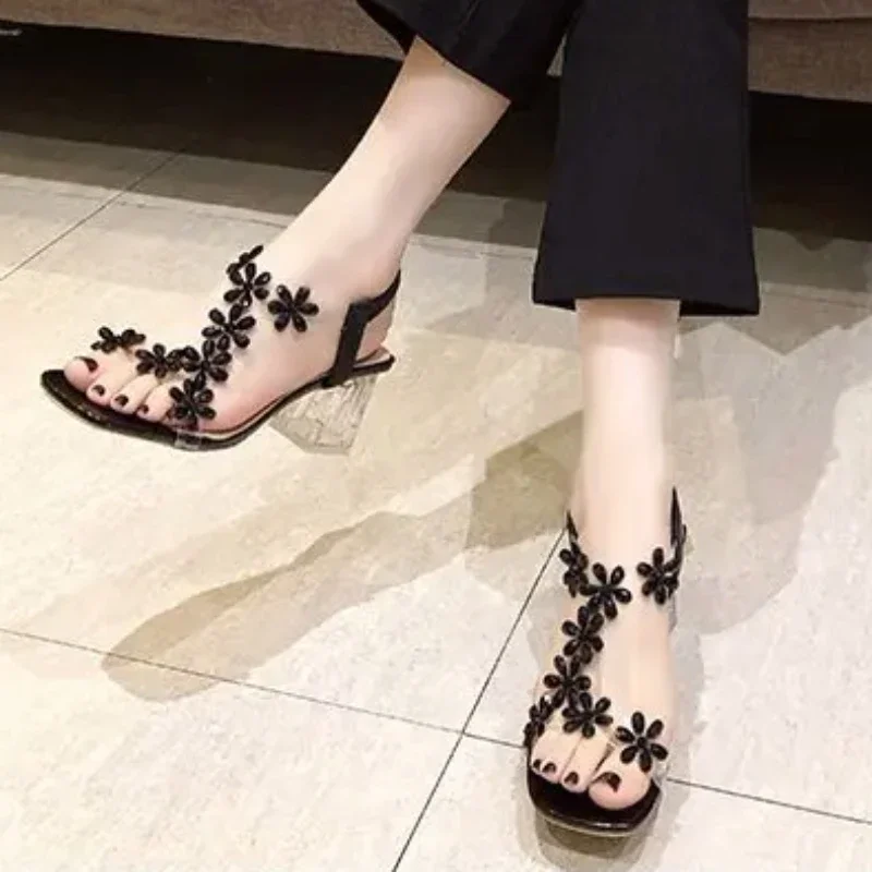 Shoes for Women 2024 Hot Sale Elastic Band Women Sandals Square Toe Solid Rhinestones Transparent Chunky Heels Sandals Women