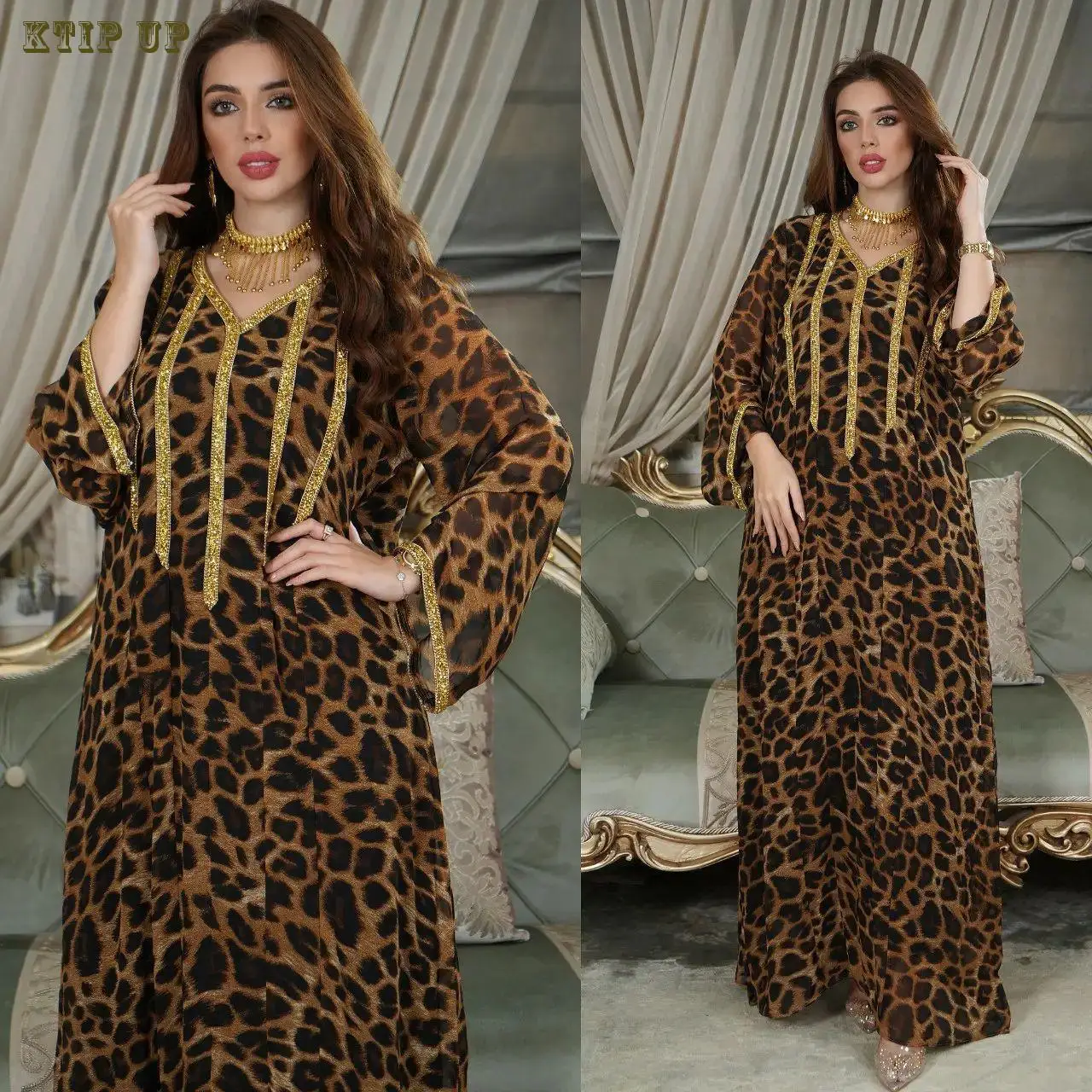 

Ramadan Kaftan Moroccan Saudi Leopard Spring Brown Hot Diamond Women Long Middle Eastern Fashion Arab Muslim Dress Abaya Turkey