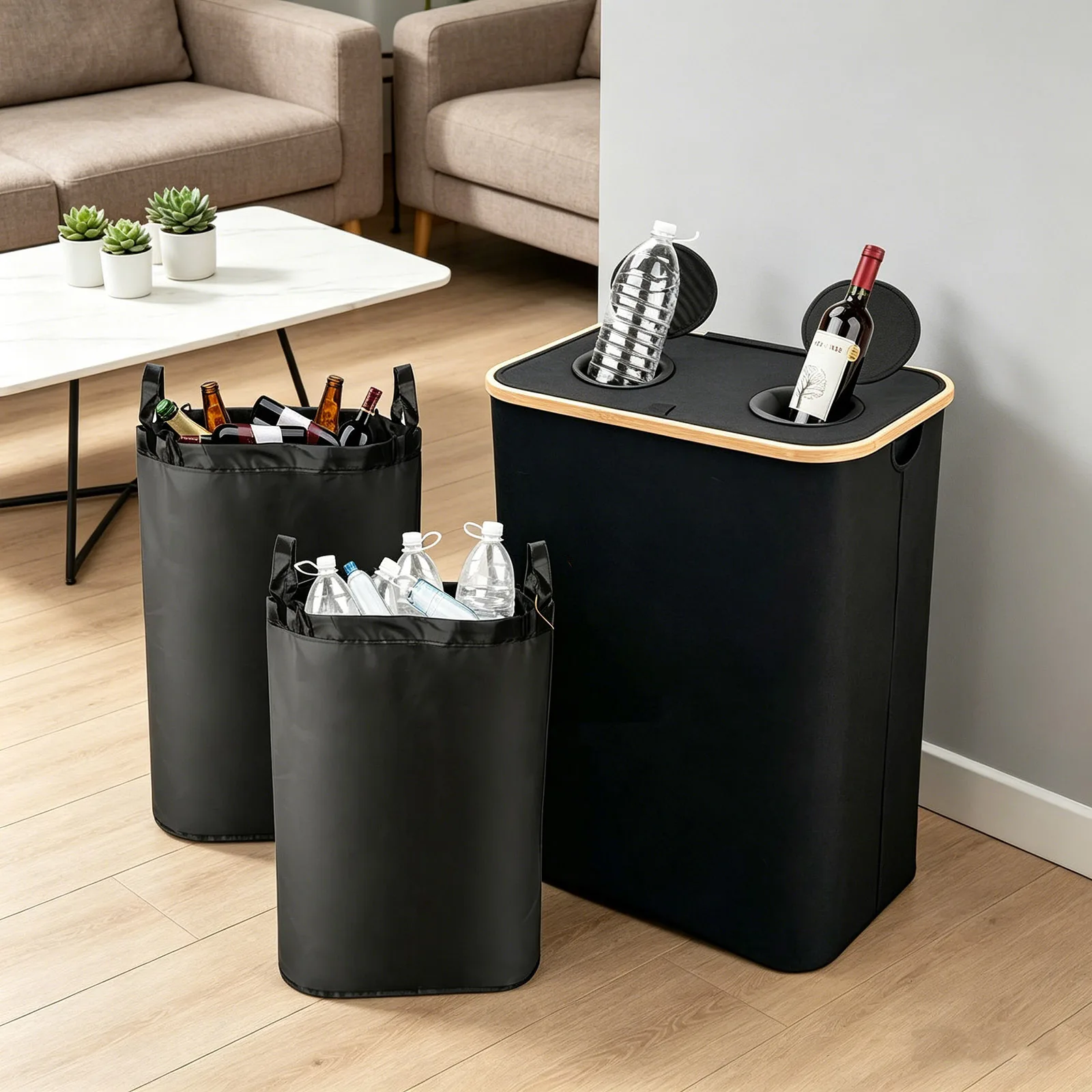 Poubelles de 160 L avec 2 couvercles et 2 sacs intérieurs, en tissu Oxford, 2 compartiments, pour le recyclage du verre, la collecte des déchets et des bouteilles vides