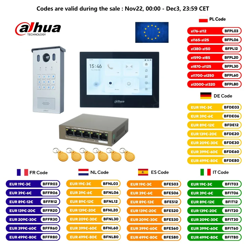 Dahua Multi-Language IP Video Intercom KIT,VTO3221E-P & VTH2621GW-P / VTH2621G-P & PoE switch,support SIP, Password code unlock