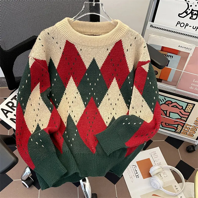 Design sense sweater men winter American lazy couple sweater contrast color crewneck top tide