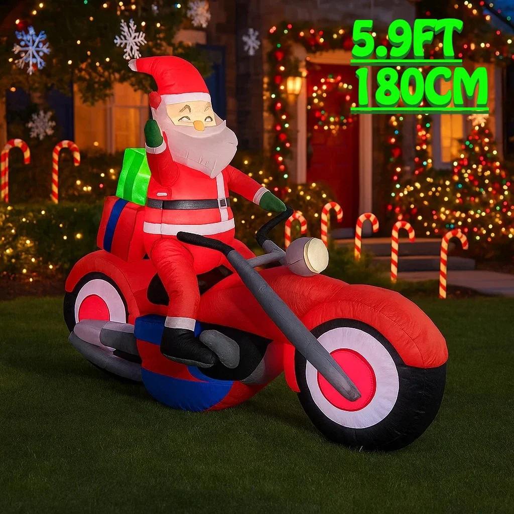 5.9FT Santa Claus Motorcycle Inflatable Christmas Decorations Xmas Ornaments Lights Outdoor Home Yard Holiday Party Decor Toys