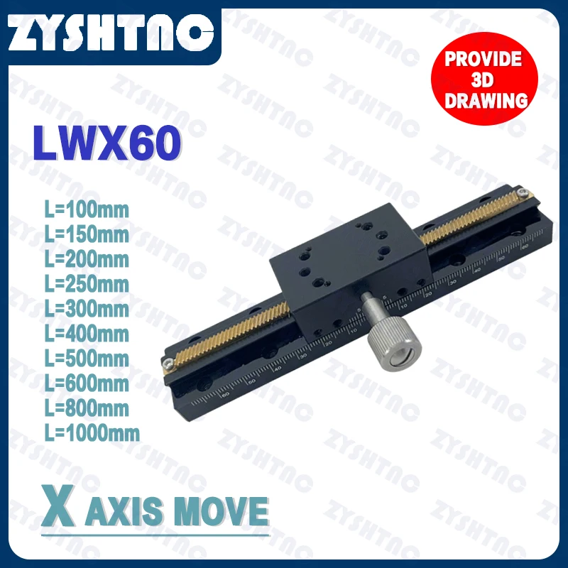 X Axis LWX60 L=100-500mm Dovetail Groove Linear Fine Sliding Table Manual Displacement Stage Long Stroke Trimming Platform