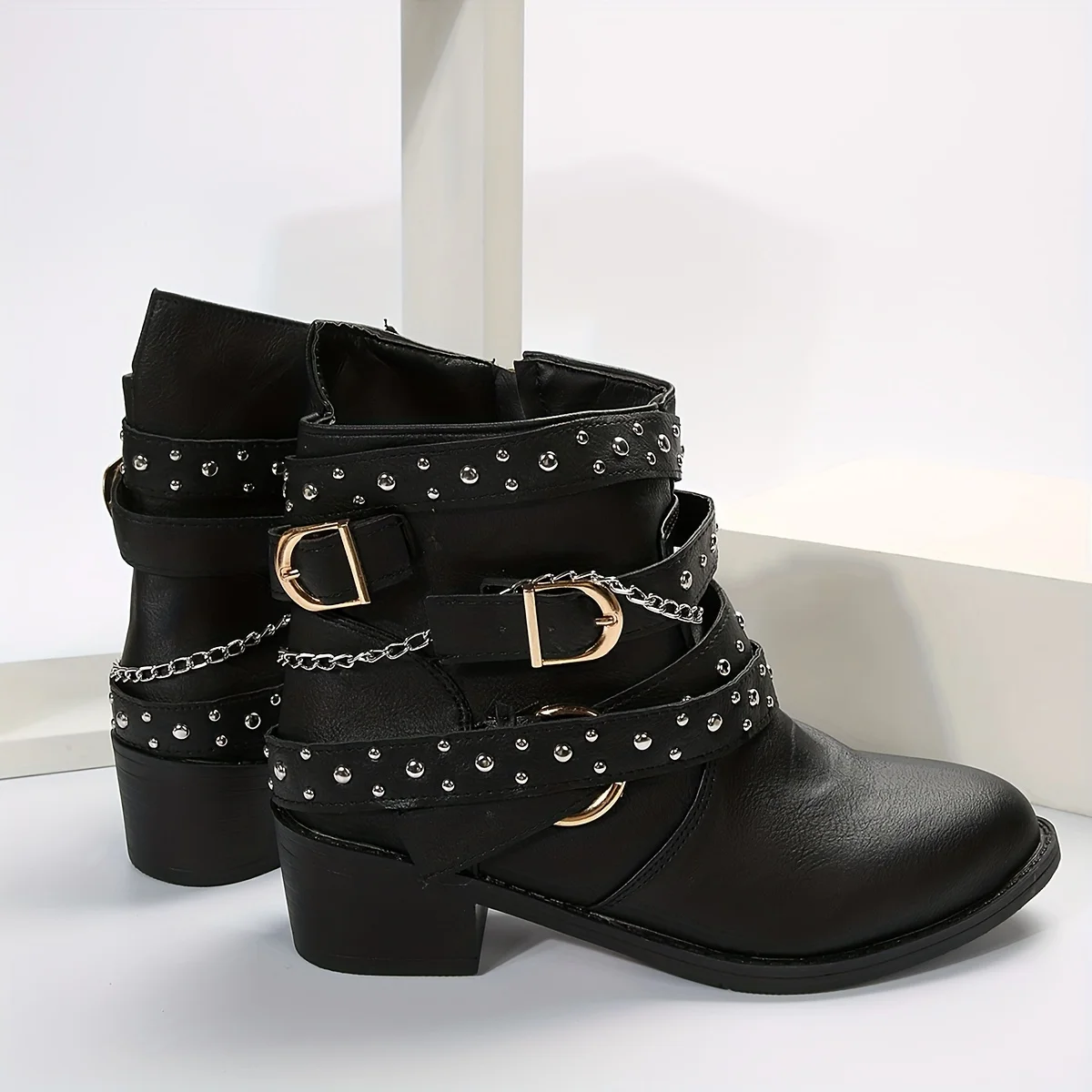 Women Studded Chain Decor Ankle Boots Rock Style Chunky Low Heeled Booties Side Zipper Short Boots