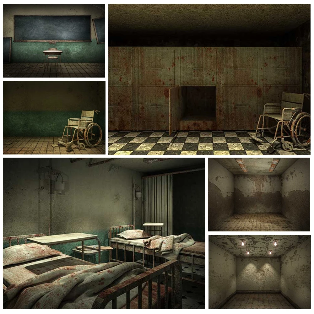 

MOON.QG Gloomy Abandoned Hospital Background Photography Dim Halloween Rusty Lockers Custom Backdrop Props Photocall Poster