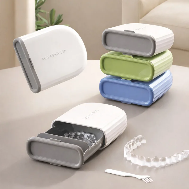 Portable Retainer Case Orthodontic Aligner Box Denture Storage Container with Divider and Drainage Hole for Travel Home