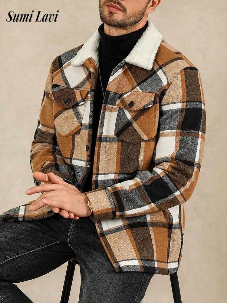 Daily Outdoor Thickened Warm Outerwear Mens 2026 Autumn Plaid Pattern Fleece Collar Jacket Male Streetwear Vintage Casual Coat
