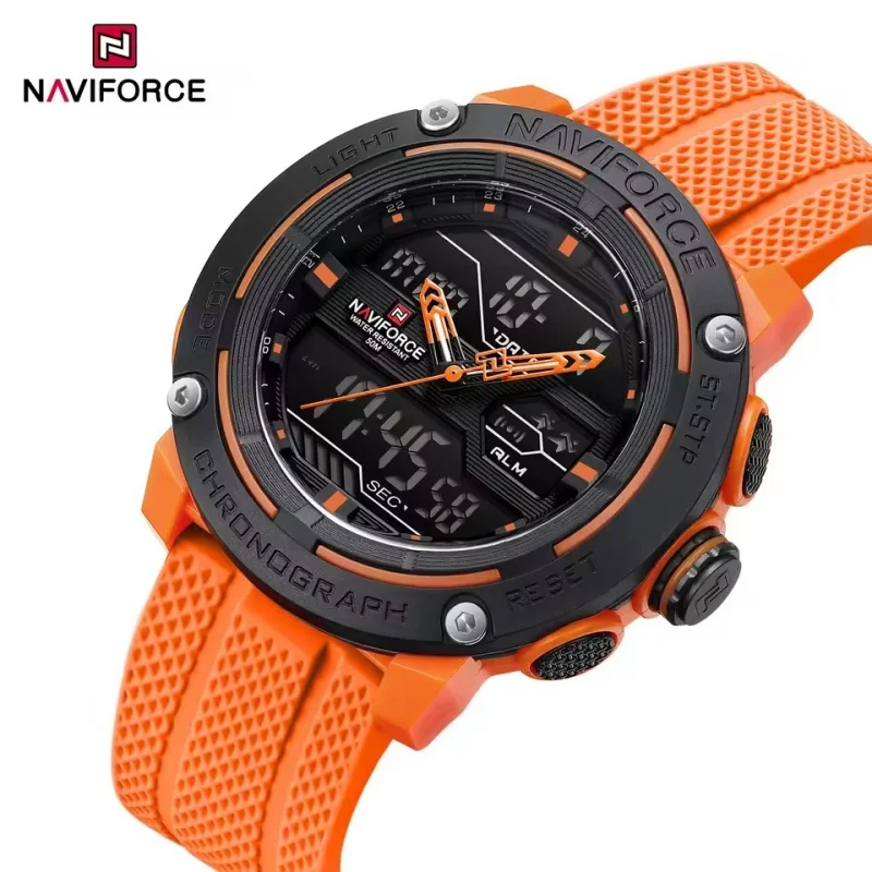 NAVIFORCE 7114 العلامة التجارية الكلاسيكية ساعة كوارتز إلكترونية شاشة مزدوجة التقويم مقاوم للماء سيليكون ساعة رياضية عادية للرجال часы