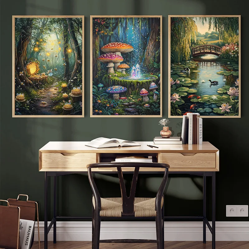 Healing Forest Forest Dark Academia Mossy Skull Water Lilies Twilight Mirror Pond Posters Canvas Paintings Wall Pictures Decor