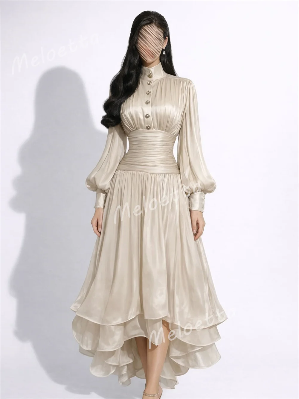 Customized Women's Evening Dress Glitter Button High Collar A-line Midi Dresses Bespoke Occasion Elegant Party Wedding Simple