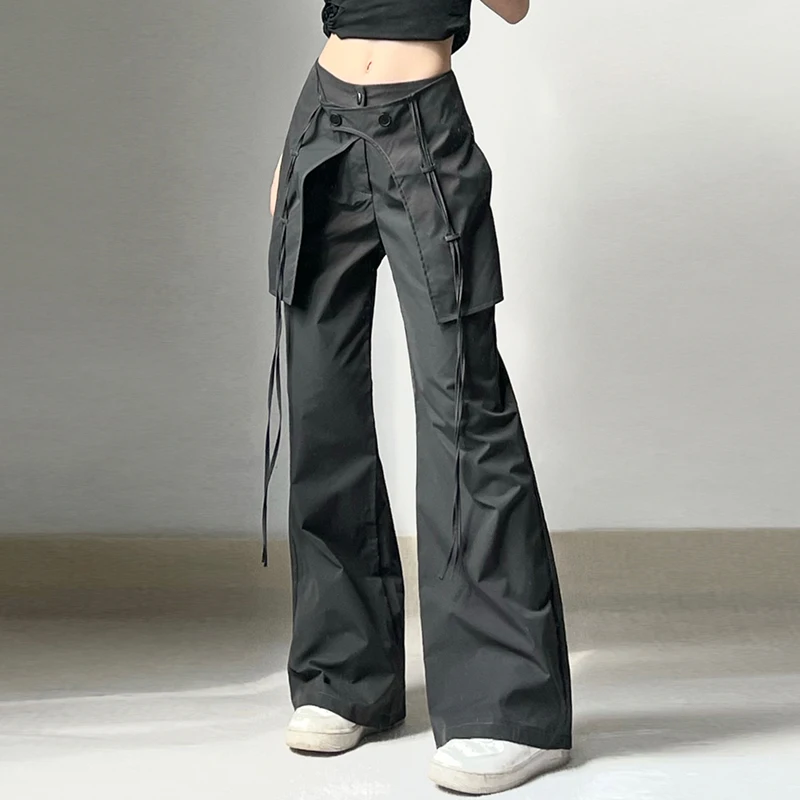 Design Inspired Cross Strap Button Up Straight Leg Casual Pants for Women's Loose High Waisted Wide Leg Pants