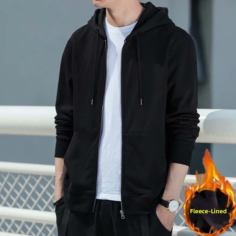 Men's Fleece Lined Hooded Open Cardigan Casual Outerwear Loose Fit Zipper Large Size Sweatshirt Autumn Winter Streetwear
