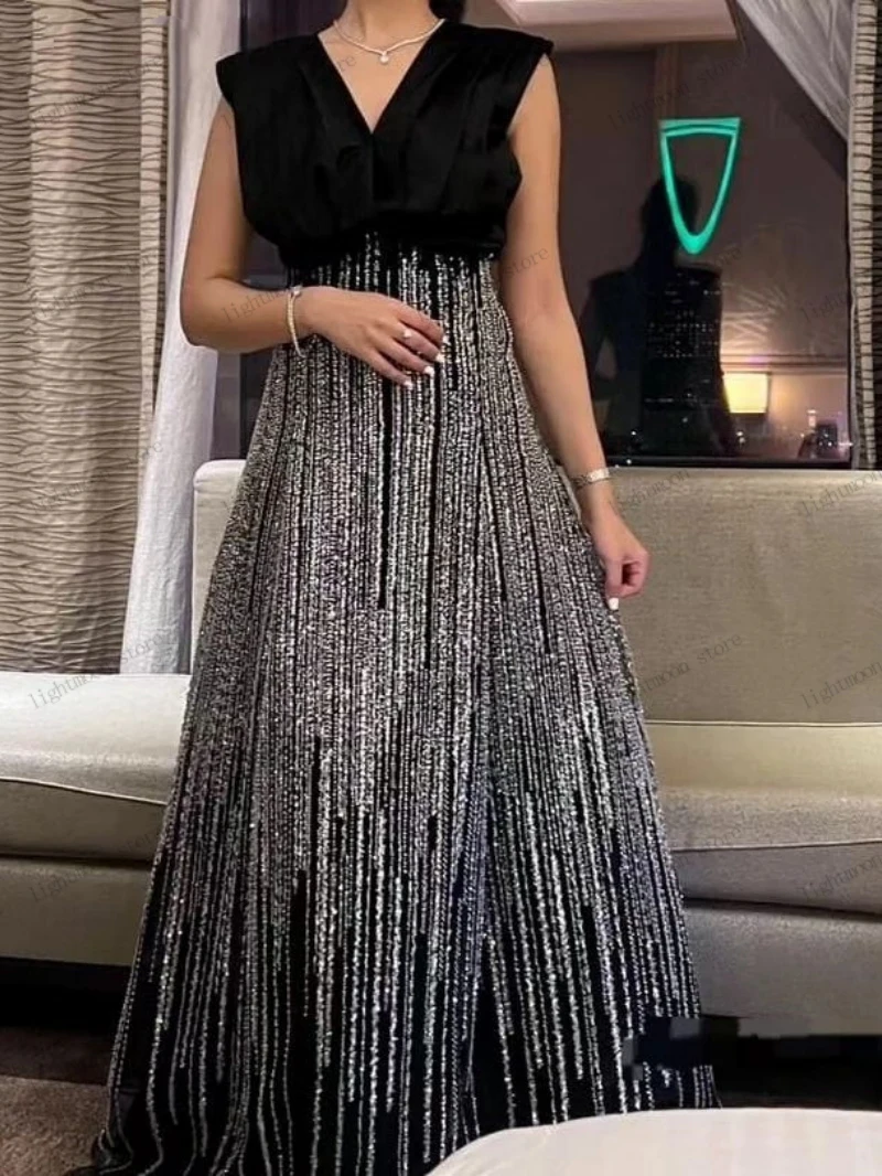 Elegant Evening Dresses Shiny Prom Dress V-Neck A-Line Ball Gowns Embroidery Backless Robes Graceful Vestidos De Gala Customized