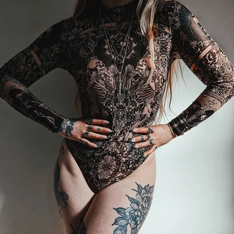 Gothic Print Naked See Through Bodycon Bodysuits Y2K Lace Mesh Long Sleeve Slim Jumpsuits Women Summer T-Shirts Tops Streetwear