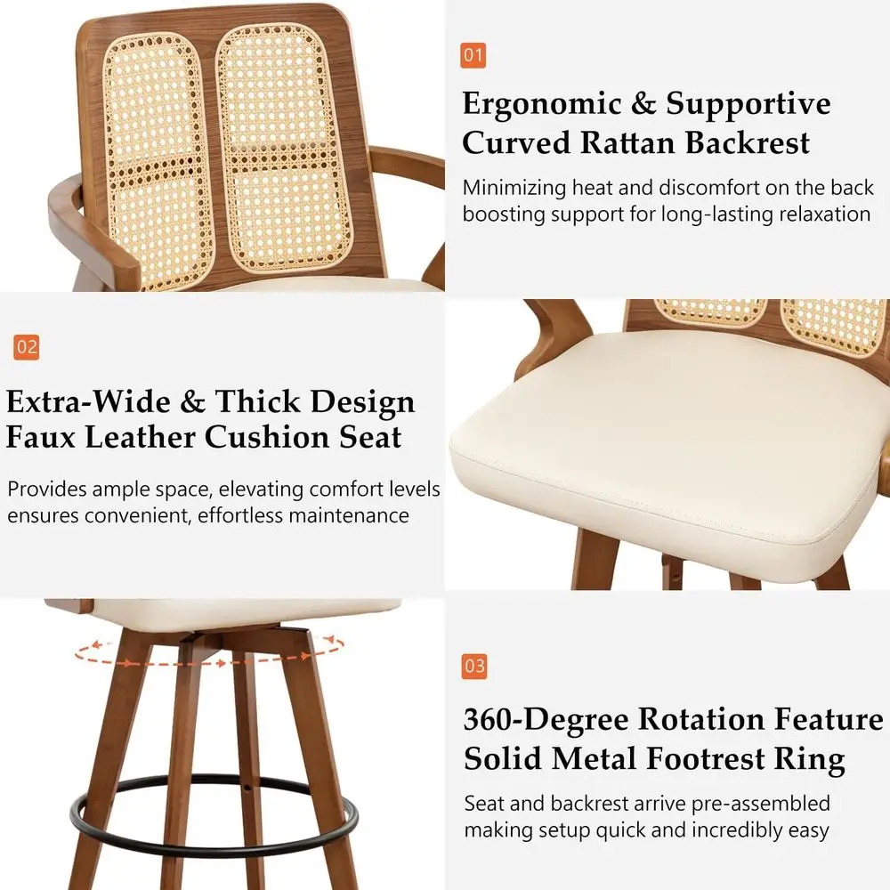 Juego de 2 taburetes de bar giratorios del siglo 30 con respaldos curvos, brazos, estructura de nogal, asientos de cuero beige, estilo ratán para cocina/Islan