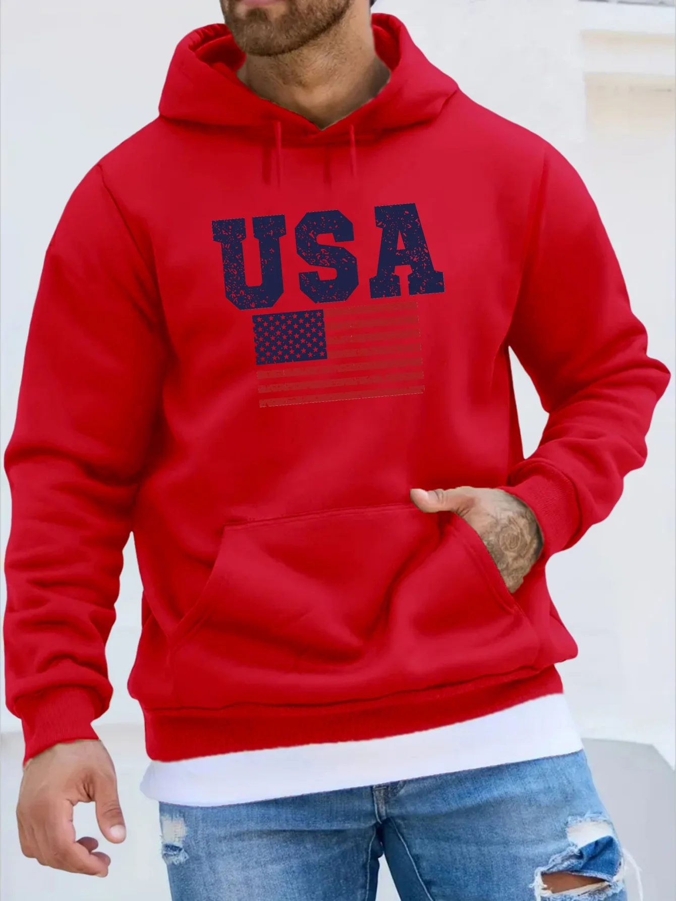 Men\'s American Flag Hoodie Sweatshirt with Long Sleeves, Kangaroo Pocket, and Casual Styling for Autumn and Winter Activities