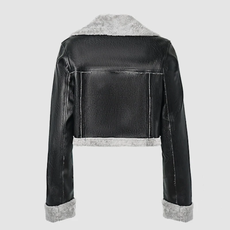 HKSH Autumn Winter New Women's Short Warm Jacket PU Leather Patchwork Faux Fur Turn-down Collar Elegant Ins Thicken Coat HK15815