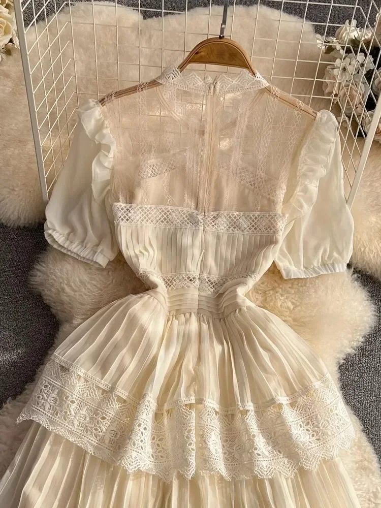 

New Elegant Lace Trims Patchwork Beige Chiffon Pleated Dress Women's Puff Sleeve O Neck High Waist Evening Party Long Vestido