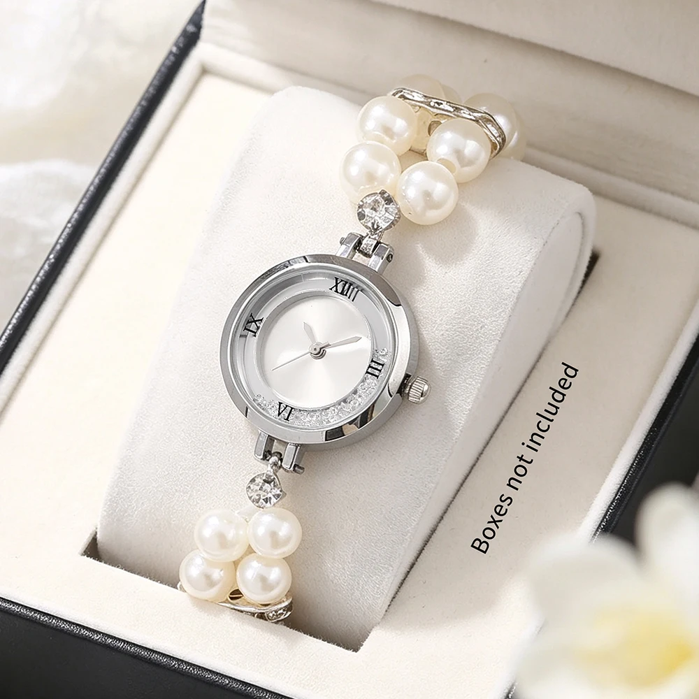 1pc ladies' French elegant double row elastic imitation pearl quartz watch, suitable for daily wear and holiday gifts