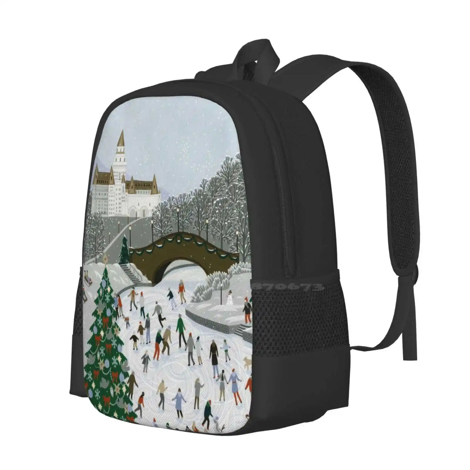 Ice Skating Pond Hot Sale Backpack Fashion Bags Ice Skating Pond River Water Snowflake Snowman Vintage Retro Fun Game Sport