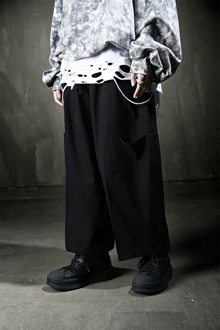 

Large men's spring and summer new solid color big pocket loose fashion trend quarter wide leg pants casual pants skirt pants