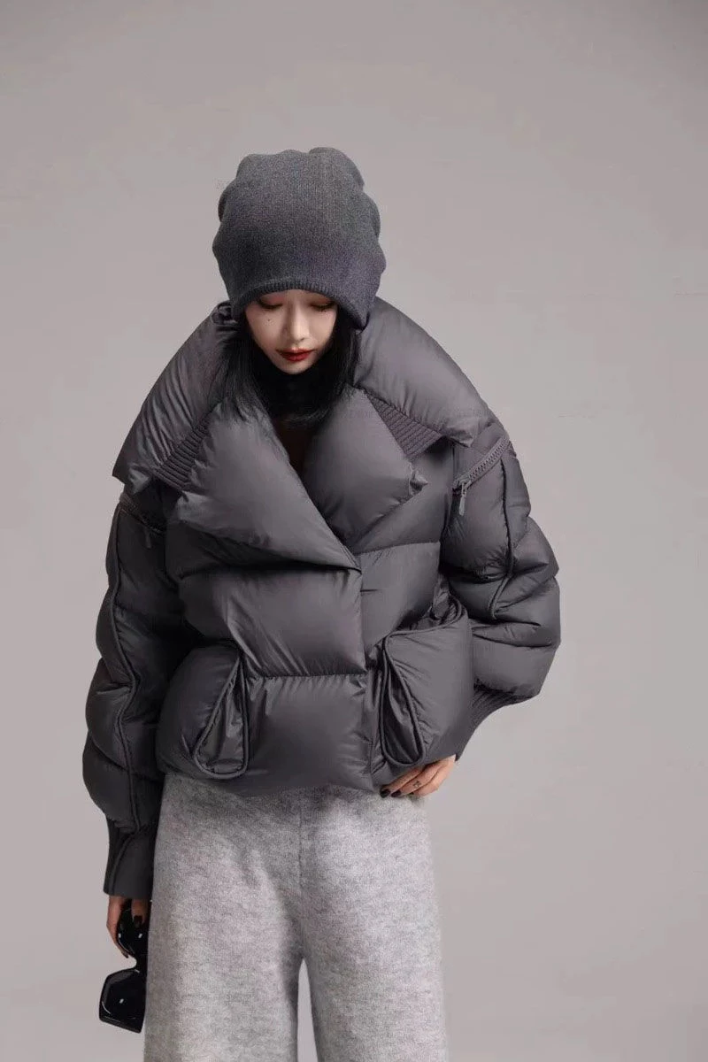 Winter White Duck Down Short Parka Spliced Fashion Women\'s Knitted Big Collar Puffer Jacket Stylish and Thick Loose Puffer Coat