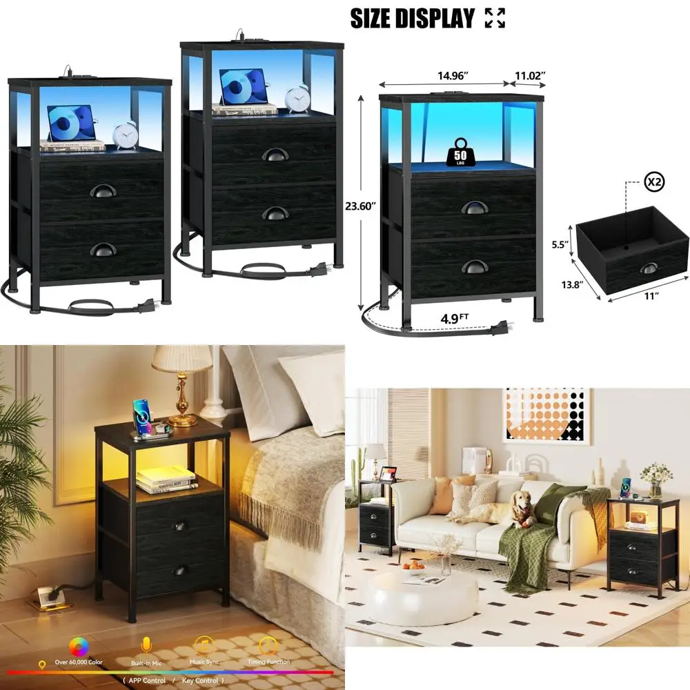 

pair of modern black nightstands with dual fabric drawers, usb charging & led lighting
