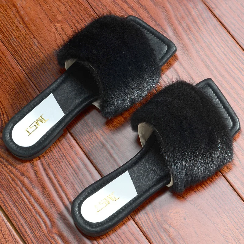 Real Mink Fur Slippers Fluffy Flip Flat Fur Women\'s Shoes Fashion Outdoor Slippers Sandals Beach Sandals House Shoes Sandals