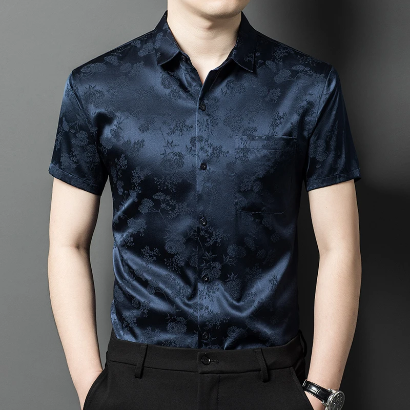 Floral Jacquard Mulberry Silk Shirts For Men Short Sleeve Pocket Summer Quality Easy Care Skin-Friendly Casual Camisas De Hombre