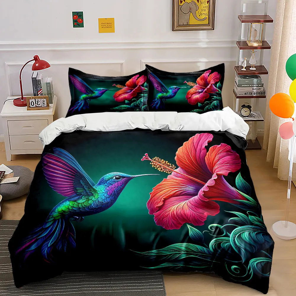 Colorful Hummingbird Flower Set Decor Bedding Set with 1 Duvet Cover 2 Pillowcases Single Double King Queen, Gift