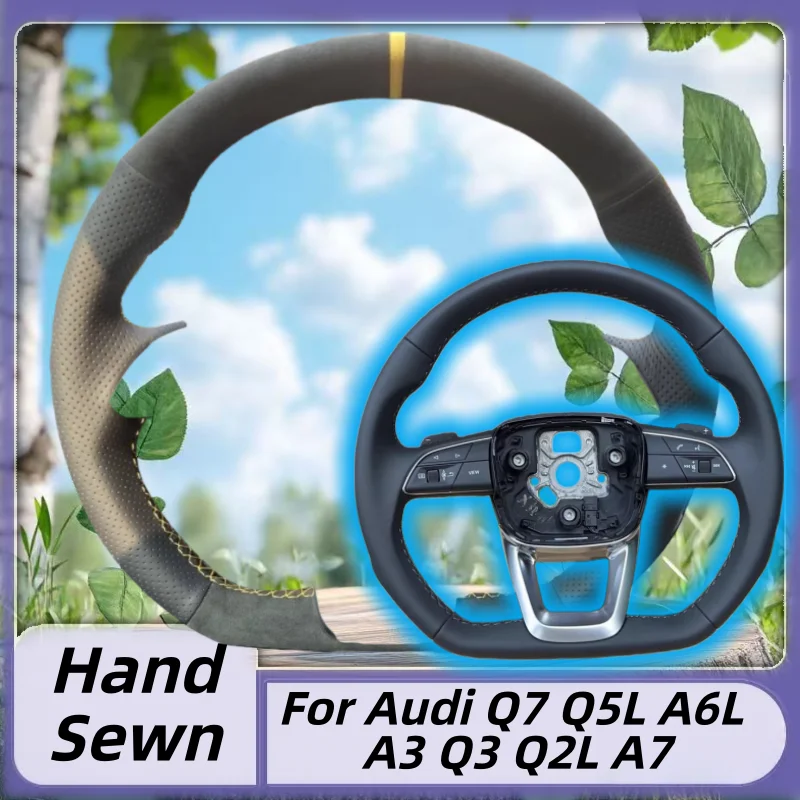 

Genuine Leather Hand-Sewn Steering Wheel Cover For Audi Q7 Q5L A6L A3 Q3 Q2L A7 Anti-Slip Breathable Auto Interior Accessory
