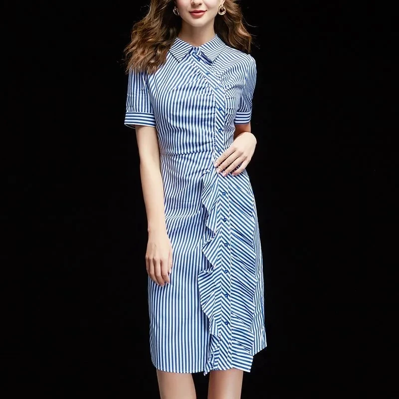 Summer 2023 New Dress Women's Style Slim Fit Striped Shirt Skirt Short Sleeve Waist Shrinking Slim Mid length Dress