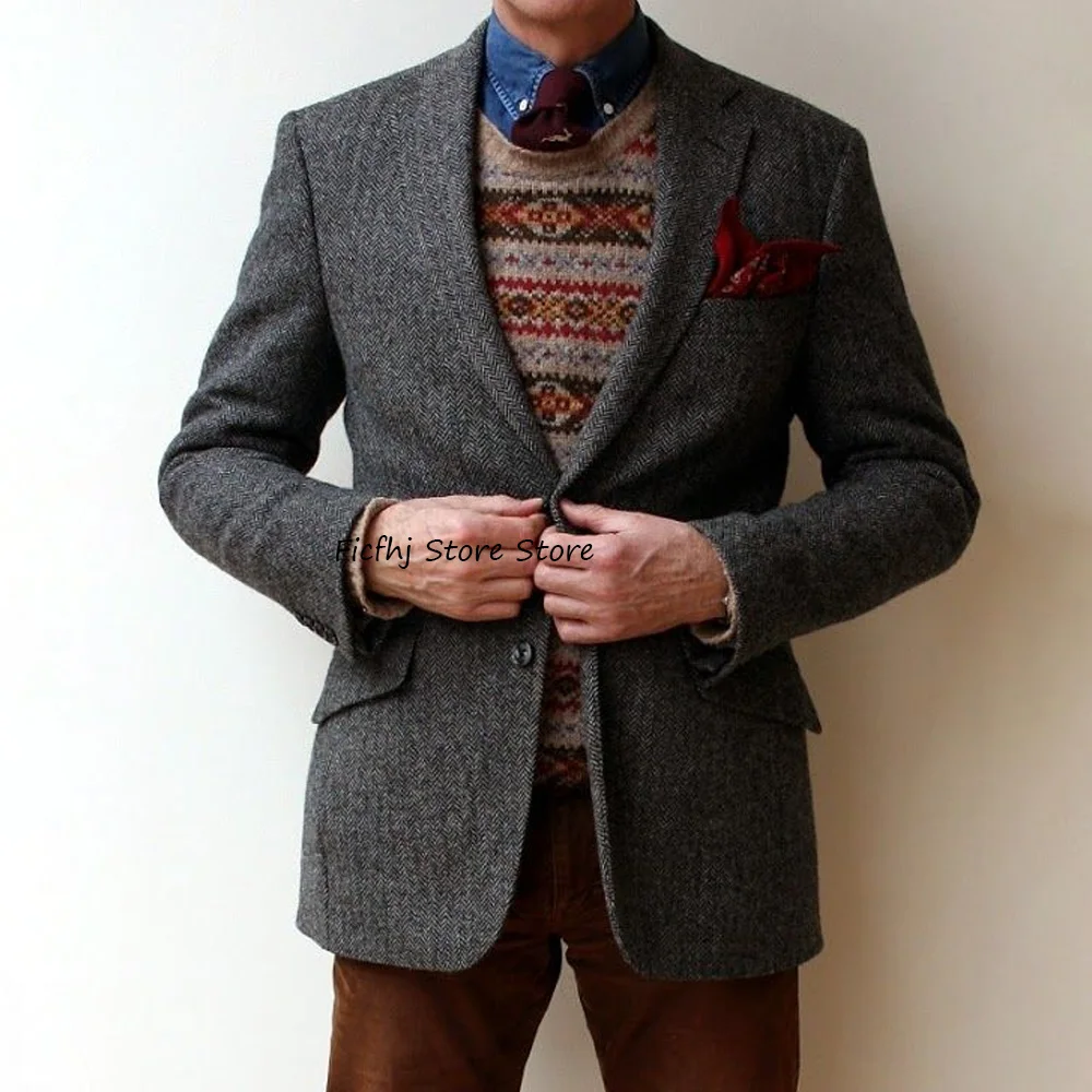 

Business Casual Men's Social Coat Herringbone Fabric Fashion Suit Jackets for Man Single-breasted Notched Lapel Urban Blazers
