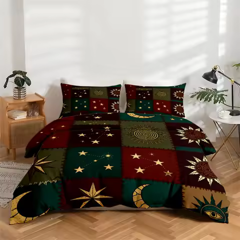 3-Piece Fabric Patchwork Bedding Set with Sun and Moon Print Pattern, 1 Duvet Cover + 2 Pillowcases, Gothic Sun and Moon Style High-Definition Digital Double-Sided Printed Duvet Cover Set, Unique Gift Idea, Holiday Bedroom Accessories Bedding Set, Suitable for Bedroom Home Bedding