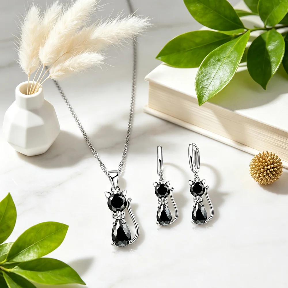 7 Colors Options Cat Pattern Pendant Necklace Earrings Sets Real 925 Sterling Silver CZ Crystal Jewelry for Women Girls Gifts
