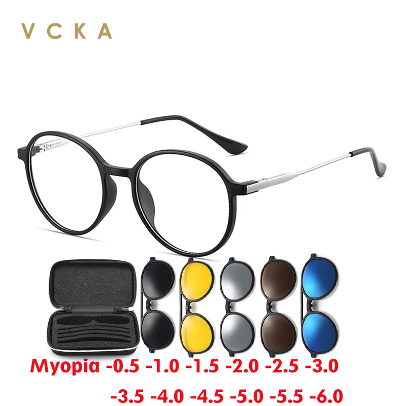 VCKA 6 In1 Magnetic Clip Glasses Frames Multifunction Round Women Glasses Fashion  Polarized Custom Myopia Eyewear -0.5 to -6.0