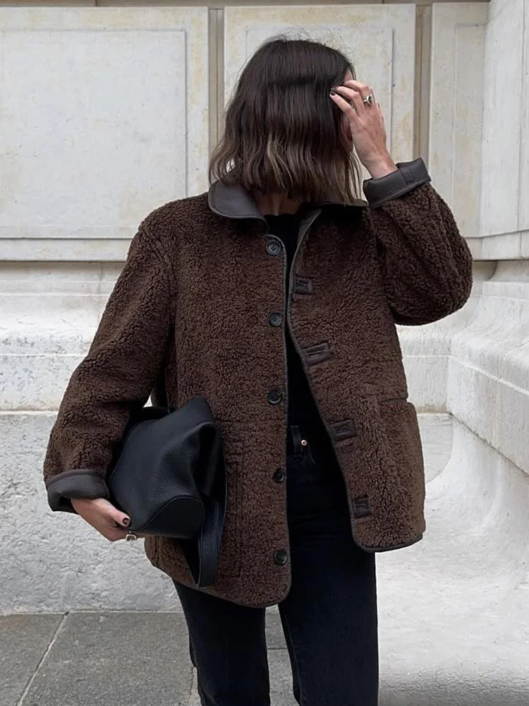 HH 2024 Woman Reversible Coats Brown Turn-Down Collar Long Sleeves Pockets Single Breasted Winter Jackets Woman Trendy